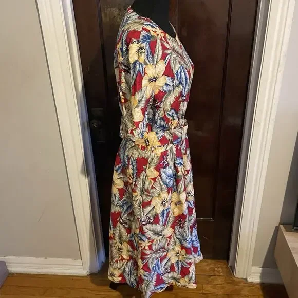 Vintage 90s Talbots Womens 8 Belted Linen Blend Short Sleeve Hawaiian Dress USA - Picture 7 of 15